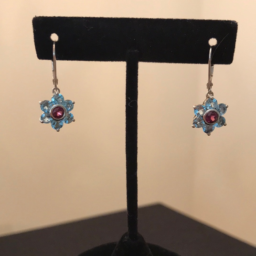 Sterling Silver Blue and Red Stone Earrings